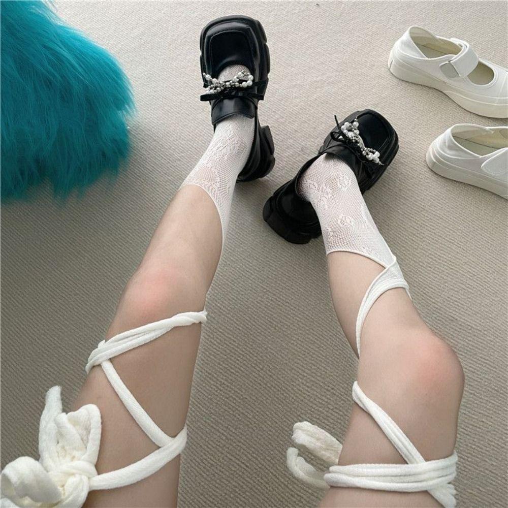 2Pairs Hollow Lolita Lace Stockings Mesh Split Toe Socks Fashion Mid Tube Socks Women  Ladies Girl