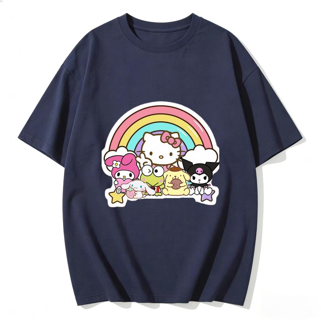 2026 Футболка HelloKitty из мягкого хлопка с коротким рукавом и круглым вырезом, милый принт, легкий летний топ для женщин, повседневная одежда