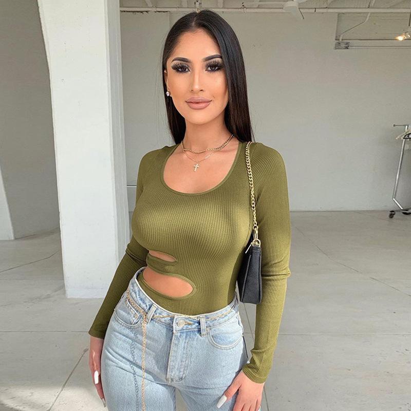 Женский осенний модный облегающий однотонный комбинезон с круглым вырезом и длинными рукавами