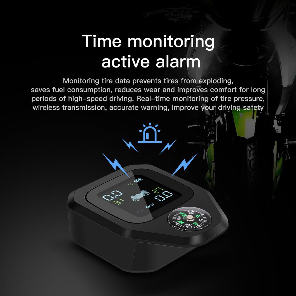 2025 USB Solar Charging Motorcycle TPMS Motor Tire Pressure Tyre Temperature Monitoring Alarm System with 2 External Sensors