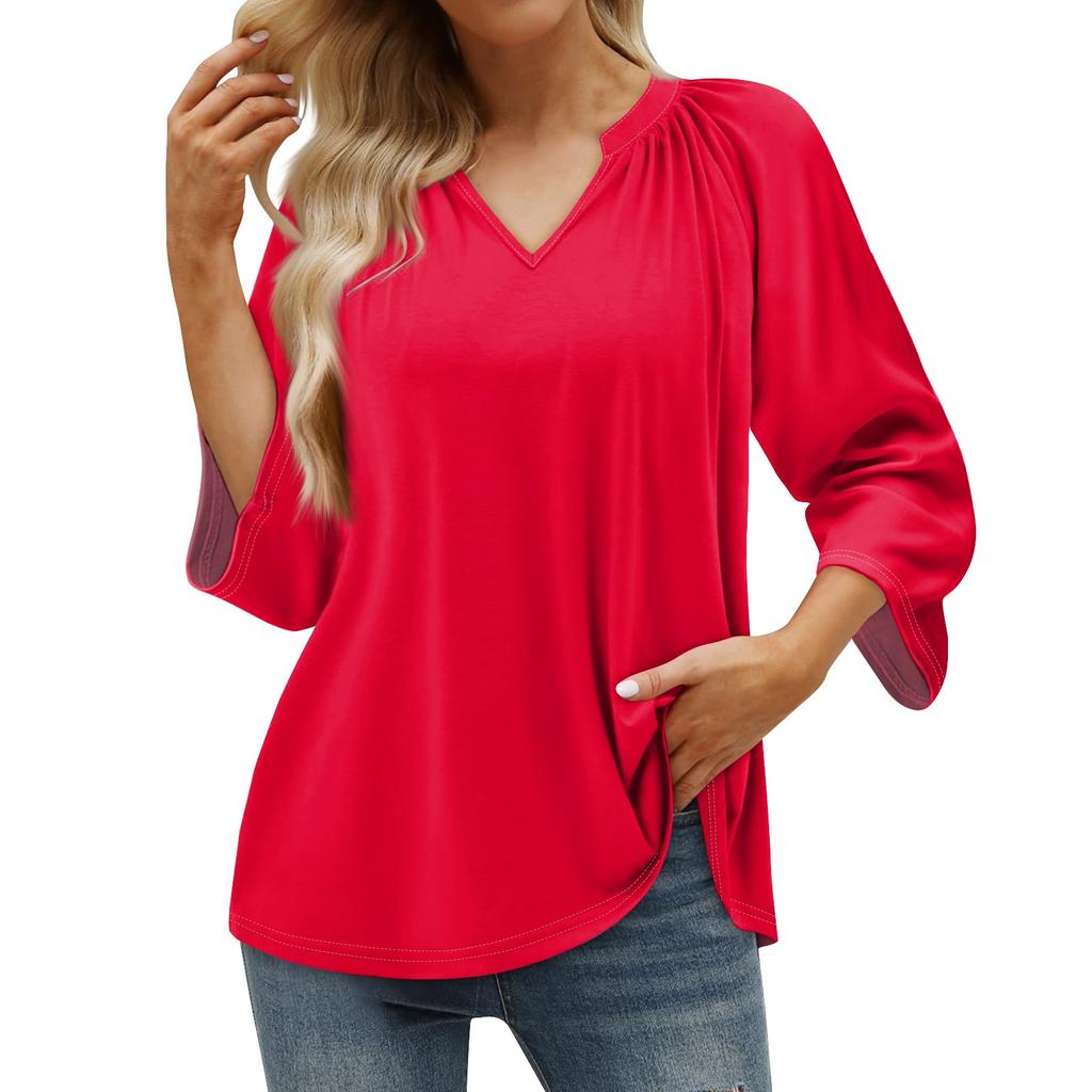 Женская летняя повседневная футболка с рукавом 3/4, однотонный пуловер с v-образным вырезом, топ