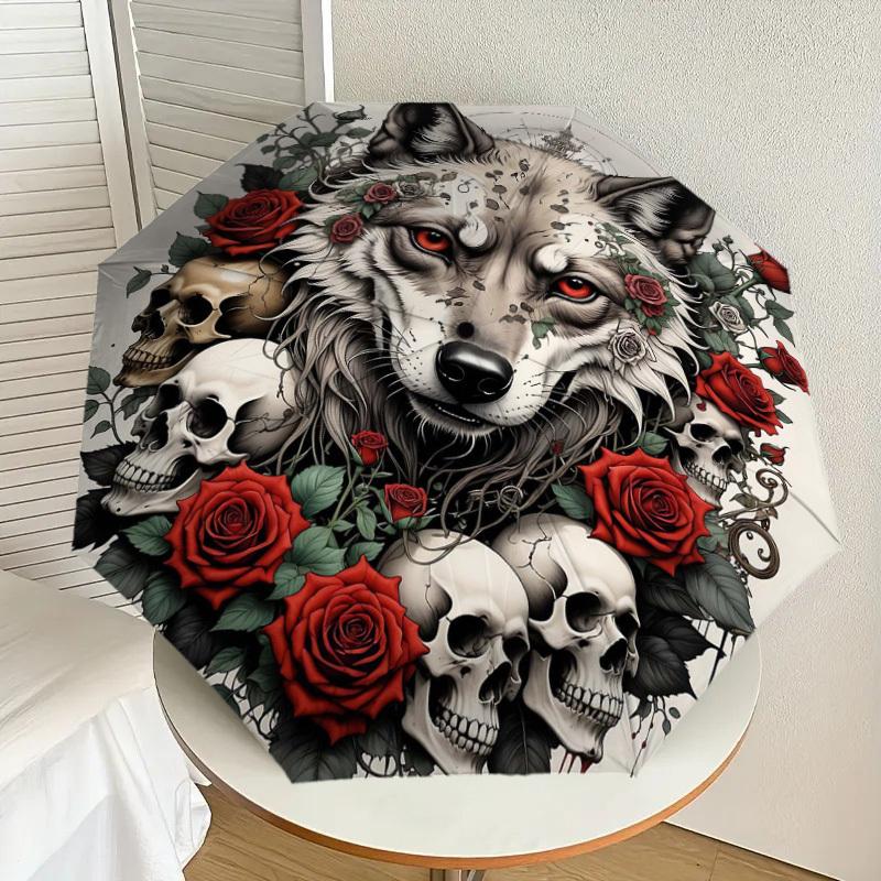 1PC Wolf Skulls Umbrella-8-Rib Reinforced Portable Folding Travel Suitable for All Seasons Outdoor Daily Use Is an Ideal Choice -F321