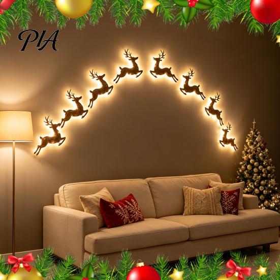 Winter Joy Gift for Family 12 Pcs LED Reindeer Wall Decoration, Christmas Glow Silhouette Lights, 3D Light-Up Decorative Wood Lights Wooden