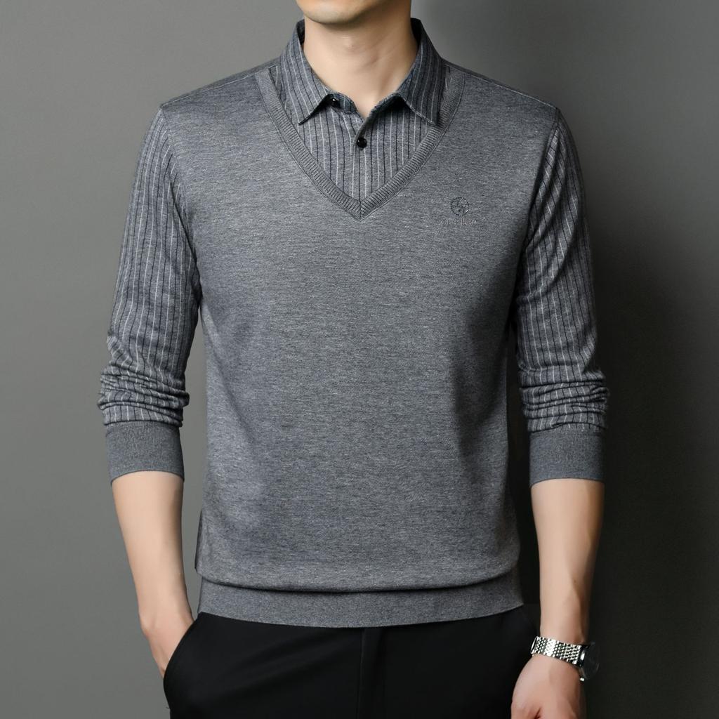 Men's Sweater Fake Two-piece Autumn New Shirt Collar Sweater Business Casual Men's Middle-aged Fashion Pullover