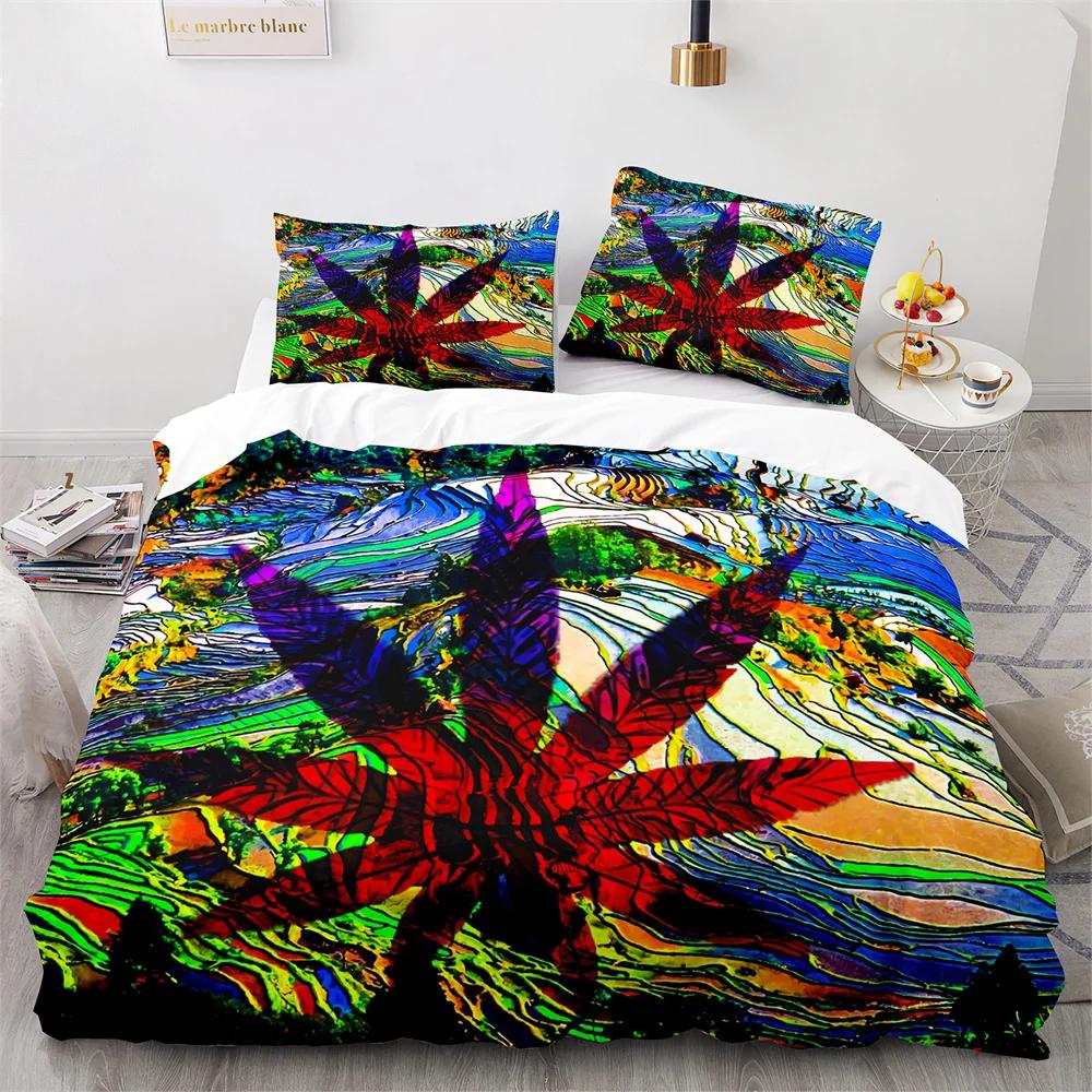 Weed Green Leaf Duvet Cover Watercolor Purple Blue Polyester King Queen Maple Leaf Duvet Cover For Women Men Bedroom Decoration