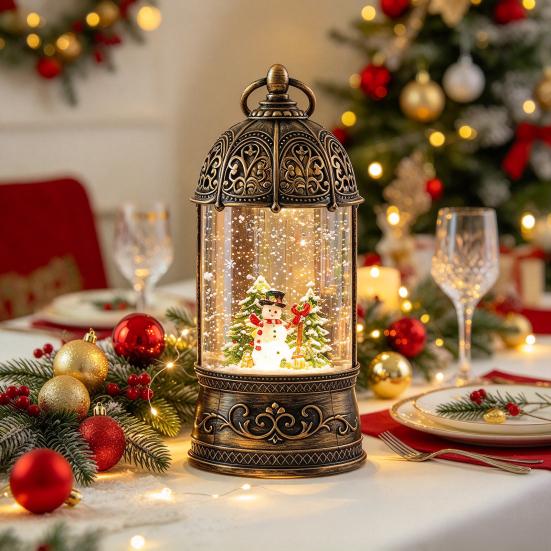 Holiday Party Supplies Lighted Christmas Snow Ball Lantern with Music Glittering Swirling, Birdcage Design Santa Claus Snowing Water Lantern,