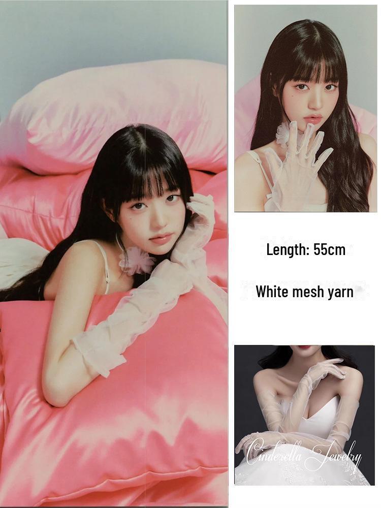 Длинные перчатки из белого атласа и кружева с бриллиантами для свадебных и торжественных фотосессий