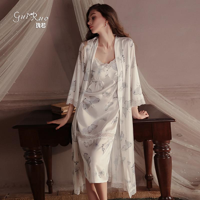 Women's Silky Butterfly Print Push Up Padded Sleep Dress with Robe Lounge Set