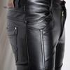 Men Solid Color Faux Leather Multi Pockets Skinny Pants Stage Club Long Trousers