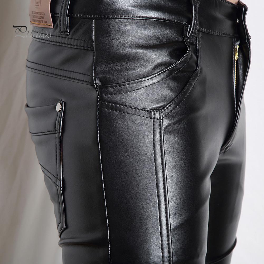 Men Solid Color Faux Leather Multi Pockets Skinny Pants Stage Club Long Trousers