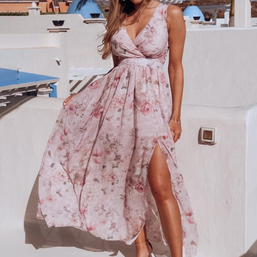 2025 Новое весенне-летнее печатное шифоновое платье без рукавов для отдыха на пляже с разрезом, длинное платье