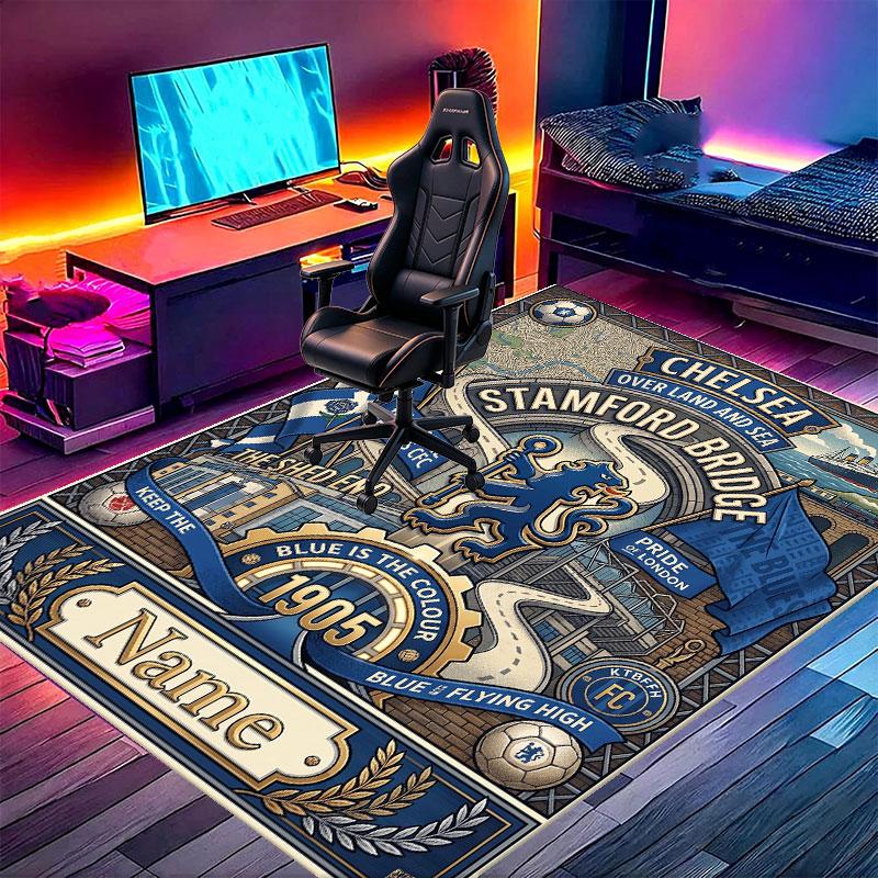 Custom Name Personalized Chelsea Football Club Print Carpet, Versatile Home Decor Rug, for Playroom, Apartment, Balcony, Entryway, Hallway Gift