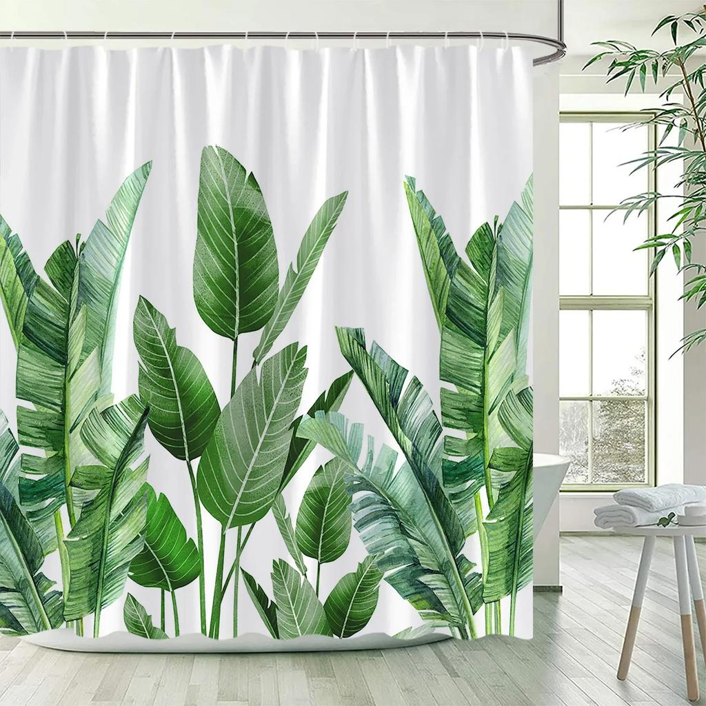 Тропические Растения Цветочные Шторы для Душа Бежевый Зеленый Пальмовые Листья Цветы Скандинавский Декор Ванная Полиэстер Штора для Ванны с Крючками