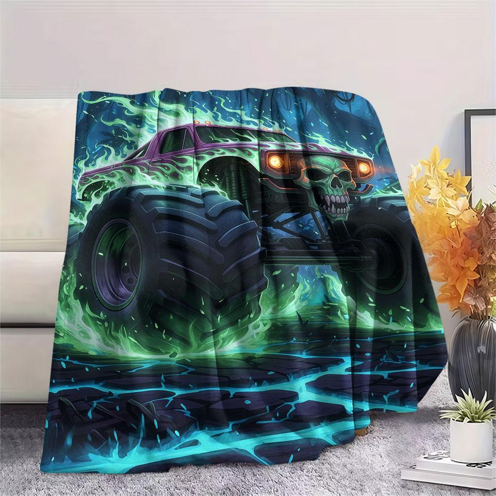 1Pc BadBeastTruck Print Flannel Blanket, High quality Comfortable for All Seasons, Home Decor, Warmth and Comfort, Perfect for Christmas Gifts