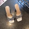 European and American Thin-heeled Rhinestone High-heeled Slippers Women's 2025 Fashion Square Head Large Size Satin One-word Bow Sandals
