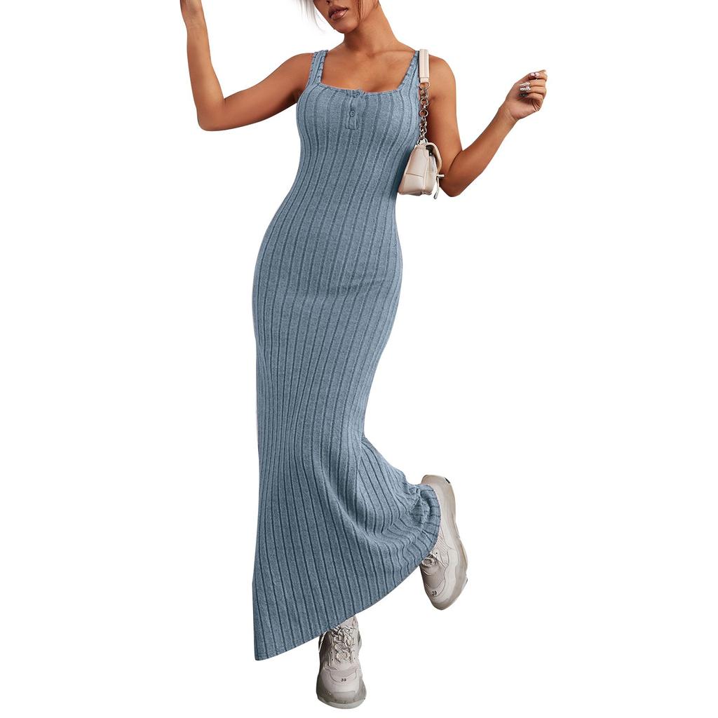 Женские летние повседневные длинные платья без рукавов с пуговицами на шее, облегающие платья с эластичным кроем
