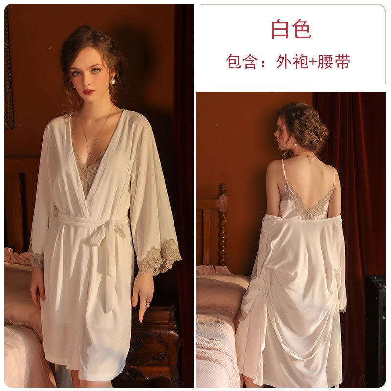 Women's Solid Velvet Lace Comfy Cami Sleep Dress with Robe Lounge Set