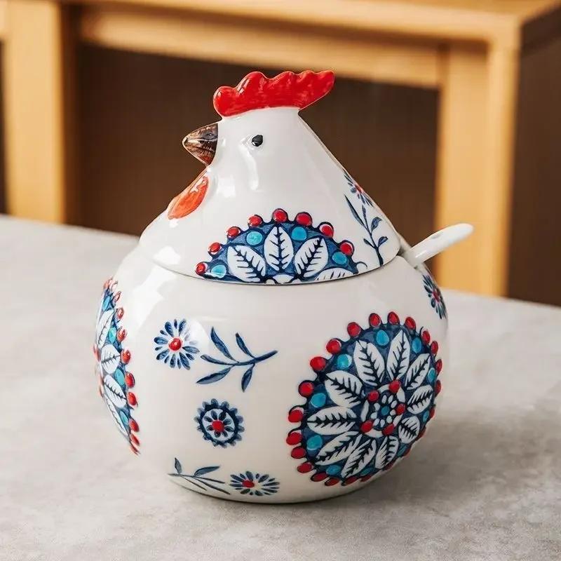 Керамическая емкость для специй в виде петуха, кухонная, бытовая, высококачественная, влагозащищенная, солонка, пряная банка с крышкой и ложкой