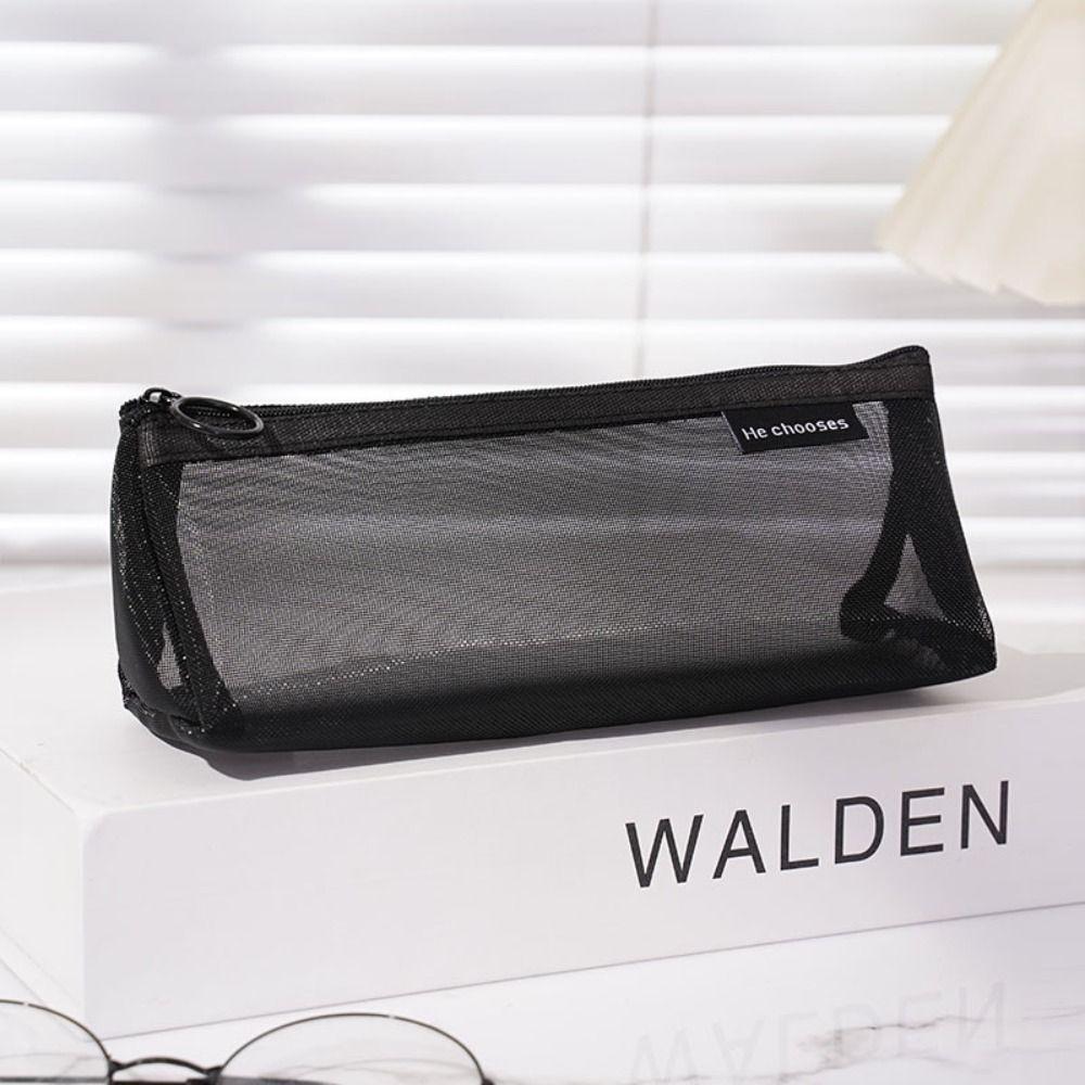 Retro Color Mesh Pencil Case Nylon Zipper Stationery Bag Simple Transparent Bills Bag Pencil Bag