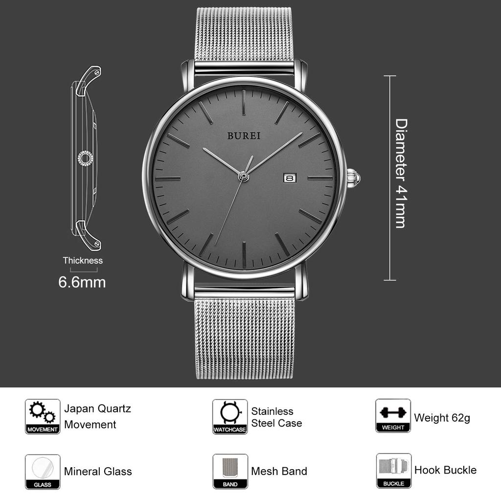 Watch Simple Waterproof Analog Popular Watch Brand Stylish Milanese Mesh Belt Silver Gray Watch [BUREI] Men's Men's [Item]