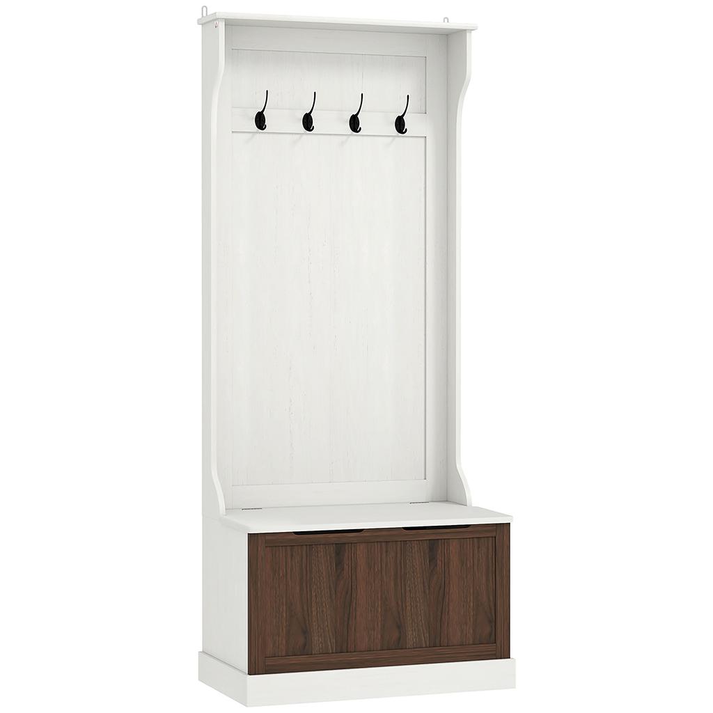 3-in-1 Coat Rack Furniture with 4 Hooks and Storage Bench, Wooden, 71.5x39.5x170 cm, White