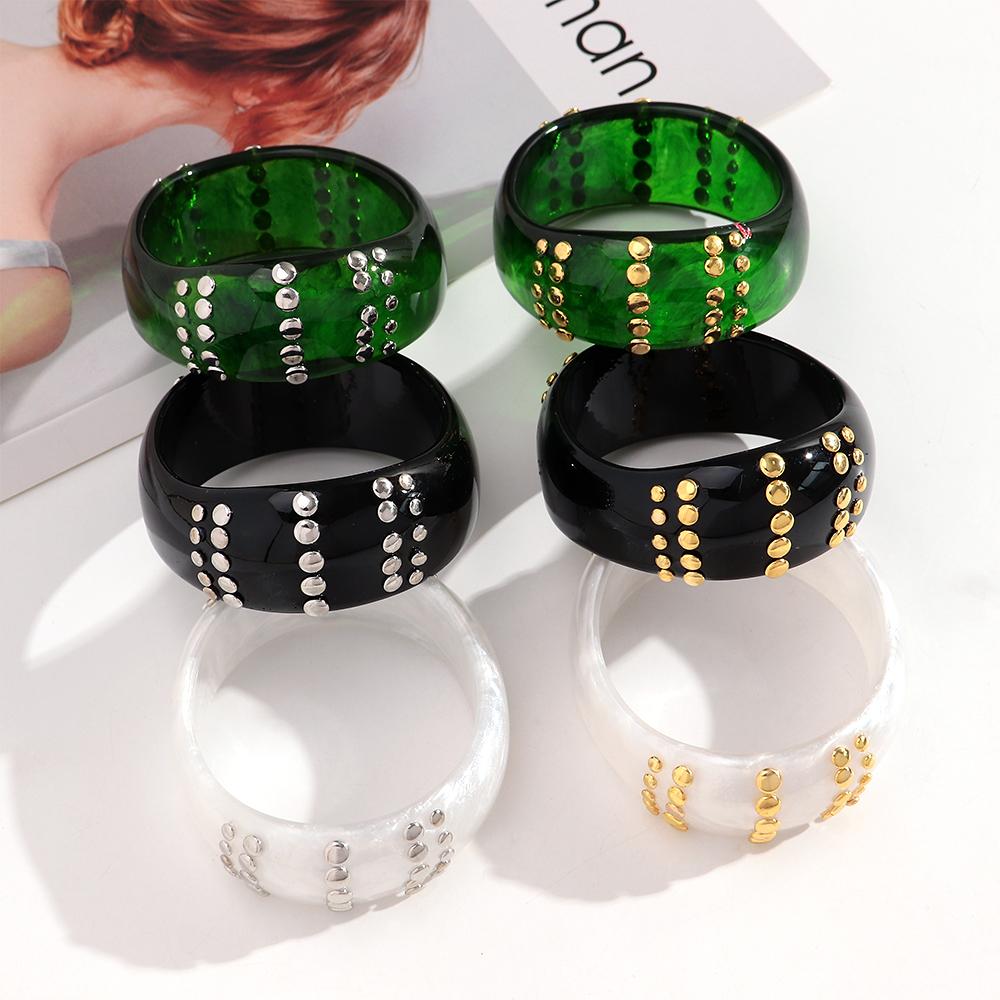 New Trendy Inlaid Golden Beads Wide Bangle for Women Vintage Resin Studs Geometric Chunky Bracelets HipHop Punk Jewelry Gift