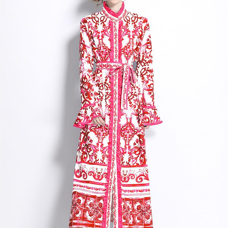 Весна-Осень, взлетно-посадочная полоса, желтый, красный, синий и белый фарфоровый халат с принтом, женские вечерние платья макси с рюшами и длинными расклешенными рукавами на шнуровке с поясом