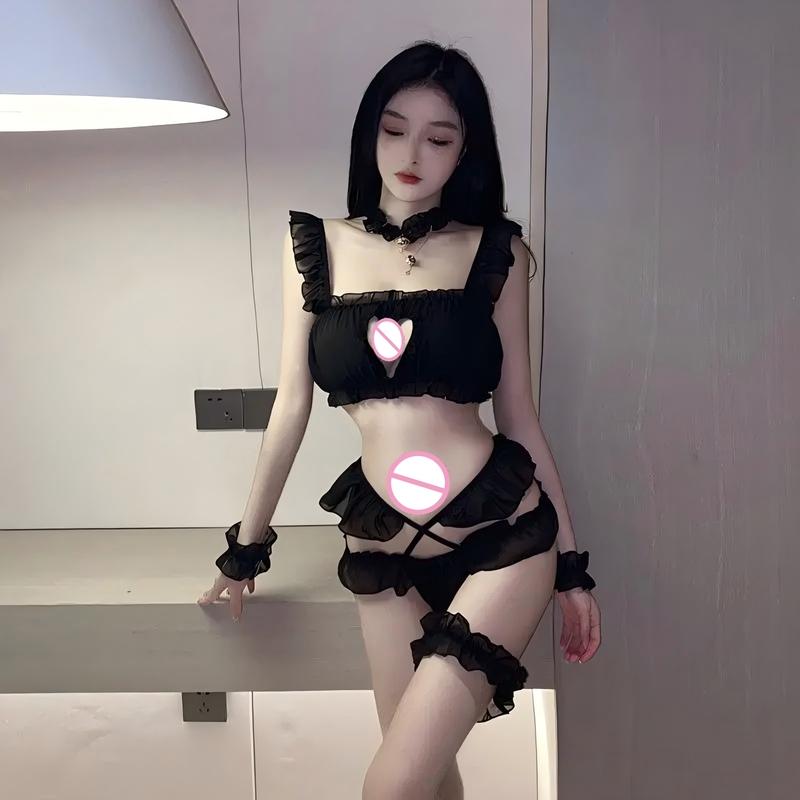 Sexy cat cosplay lingerie set, seduction lace skirt with small transparent bra, sexy exotic clothing