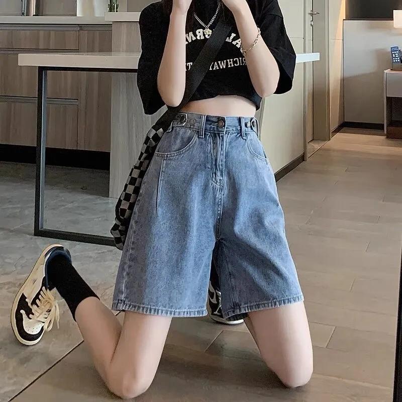 Джинсовые шорты женские летние большие размеры Design Sense с высокой талией прямые брюки свободные широкие брюки с застежкой-пятью