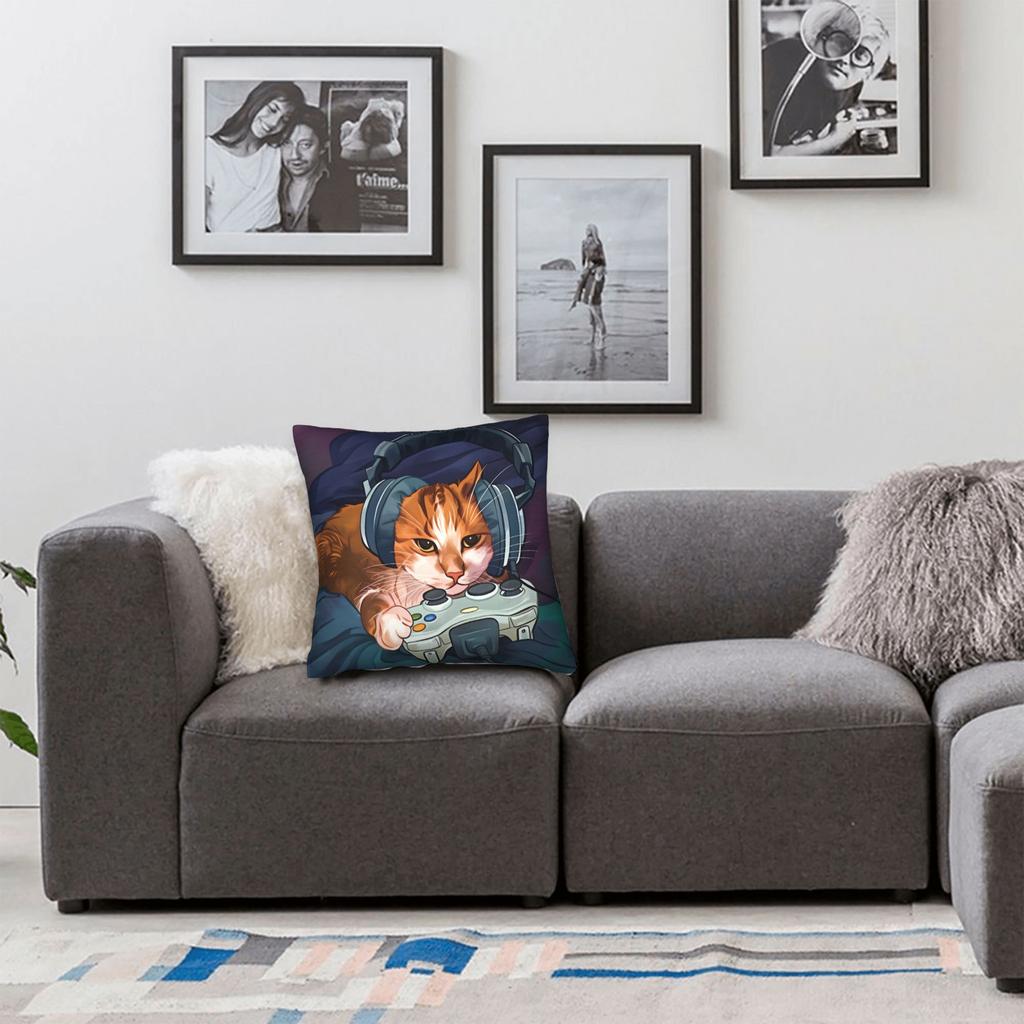 Gamer Cat Pillow Case Soft Pillow Cover Vintage Pillowcases For Sofa Bedroom Home Decor