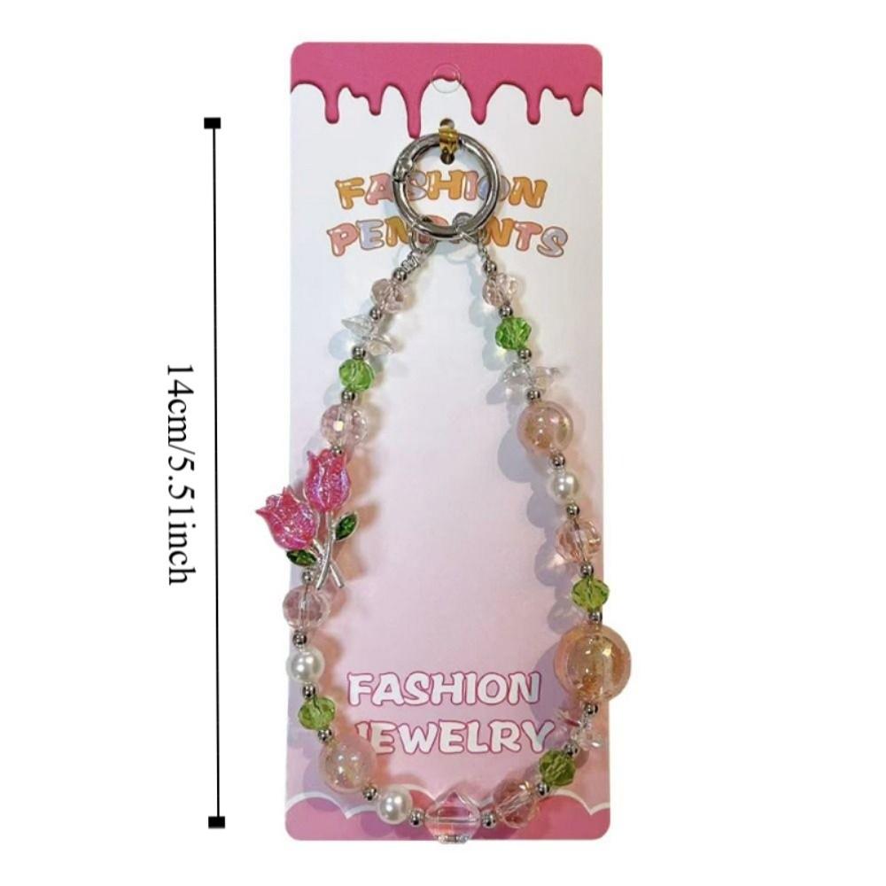 Pearl Cell Phone Chain Tulip Flower Mobile Phone Lanyard Crystal Bead Phone Strap New Year Gift