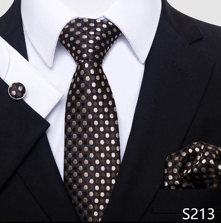 Men's 8cm Solid & Polka Dot Plaid Tie Set with Cufflinks & Pocket Square