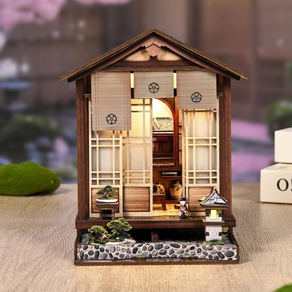 QmXCyzl Wooden DIY Dollhouse Kit, Miniature 3D Bookstand, Holiday Gift, Architectural Scenario Openable Design, Japanese Style (Planet and Garden)