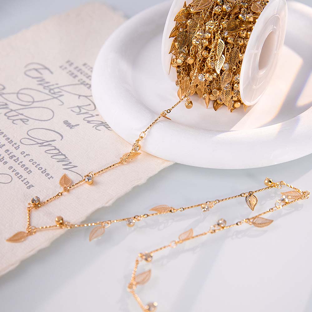 1M 0.5M Hollow Leaf Charm Link Chain Copper Transparent Crystal Beaded Chains for DIY Necklace Bracelet Clothing Jewelry Makings