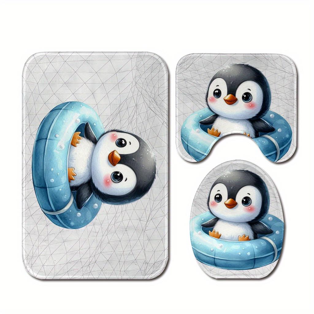 3pcs Summer Penguin Bathroom Rug Set Non-Slip U-Shaped Mat and Toilet Lid Cover Cute Animal Theme Washable Indoor Floor Mats