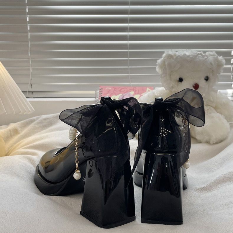 Ins style толстый каблук бежевые французские туфли на высоком каблуке женские туфли 2024 года новые весенне-летние туфли Мэри Джейн с квадратным носком и жемчугом