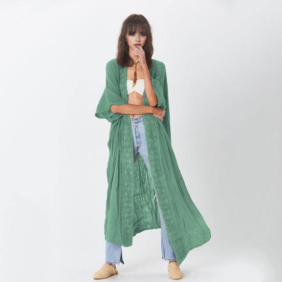 Lady Beach Cardigan Sunscreen Anti-UV Long Sleeves Lace Bohemian Style Bikini Cover-up Thin Calf Length Vacation Daily Leisure Style Coat