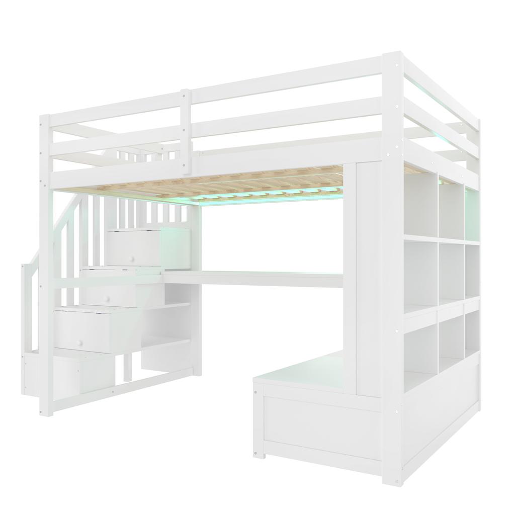 140x200 Loft Bed with Desk and Shelves, Two Integrated Drawers, Storage Staircase, White