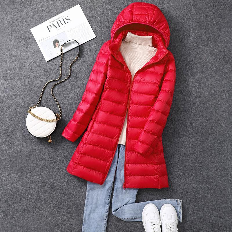 2025 Autumn and Winter New Removable Hat Light Thin Down Jacket Women's Medium and Long Slim Large Size Jacket Tide