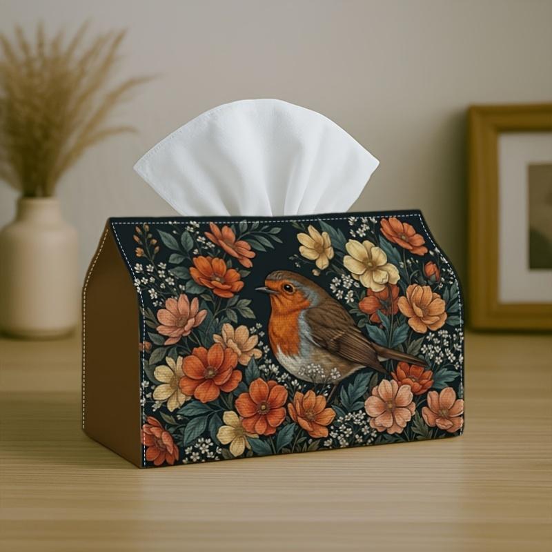 2D Flat, 1 Tissue Box Holder Featuring a Classic Botanical Design with Cardinal Birds and Floral Patterns. Made from Durable Polyester, It Is Ideal fo