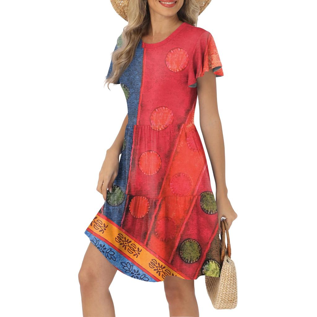 Женские летние повседневные платья с оборками на рукавах, круглым вырезом и карманами в стиле пэчворк