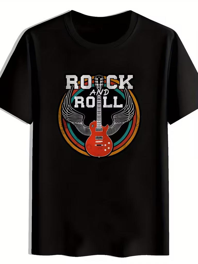 Men'S Red Electric Guitar Graphic T-Shirt with "ROCK AND ROLL" Design - Black Ca