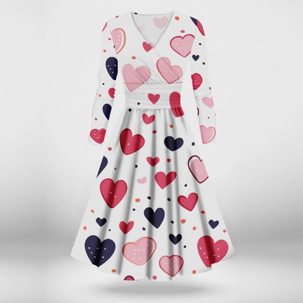 Женская мода повседневные платья на День святого Валентина с принтом, длинным рукавом и V-образным вырезом, сексуальные платья