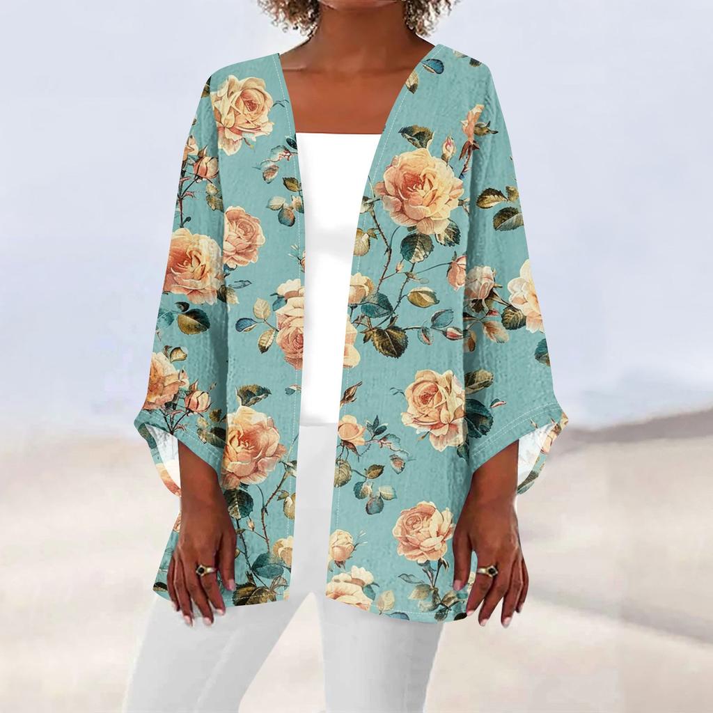 Women's Casual Fashion Caot Retro Printed Lightweight Medium Length Jacket Cardigan