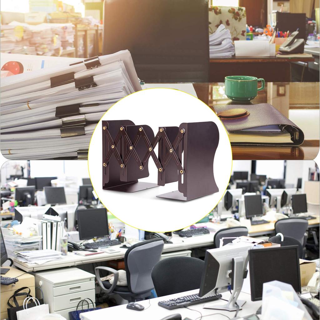 ALIOBC Extendable Metal Desktop Bookshelf with Magazine and Document Newspaper Retractable Office Brown Bookends, Anti-Tip Dividers, Storage, Files,