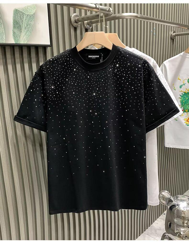 Men's Stylish Round Neck Rhinestone T-Shirt with Short Sleeves
