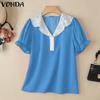 Summer Women Lace Neck Short Puff Sleeve Ruffled Polka Dots Casual Tops Blouse