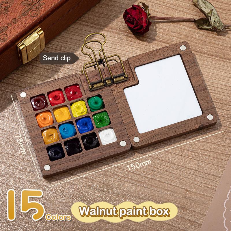 Mini Walnoothout Aquarel Palet Draagbare Verfdoos Met Clip Reis Schilderij Verfbak Kunstbenodigdheden Schetsboek Palet
