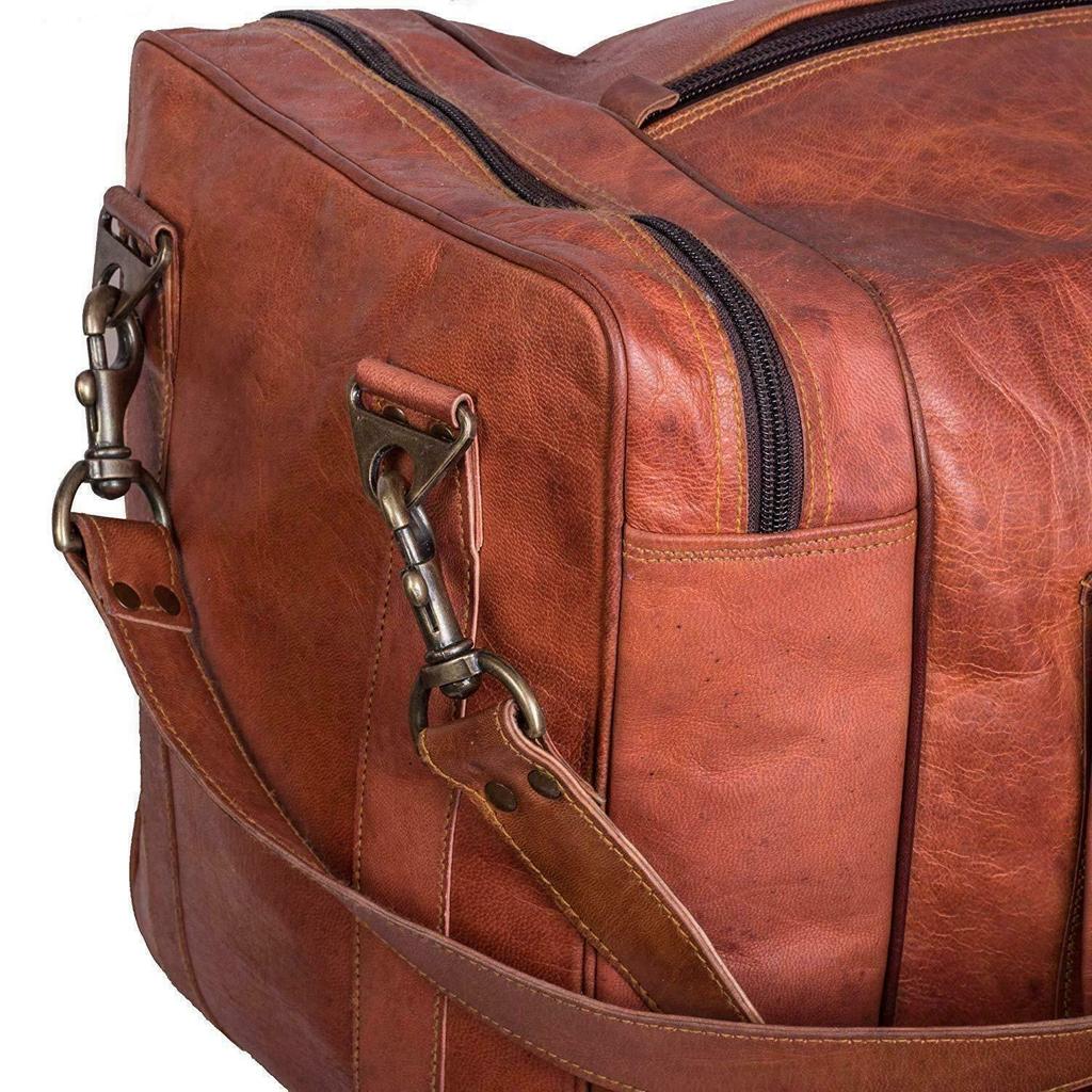 Men's Vintage Genuine Travel Luggage Duffel Gym Bags Brown Goat Leather