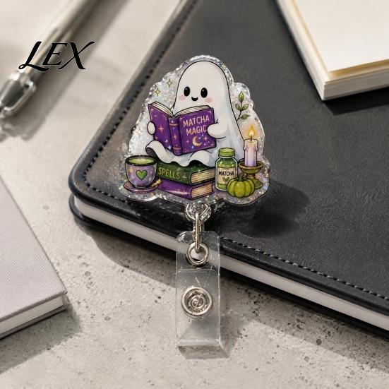 Retractable Badge Holder Halloween Reel, Ghost Black Cat And Pumpkin Design, Acrylic Id Reel 360 Degree Rotating ID for Nurses Office Staff Decor